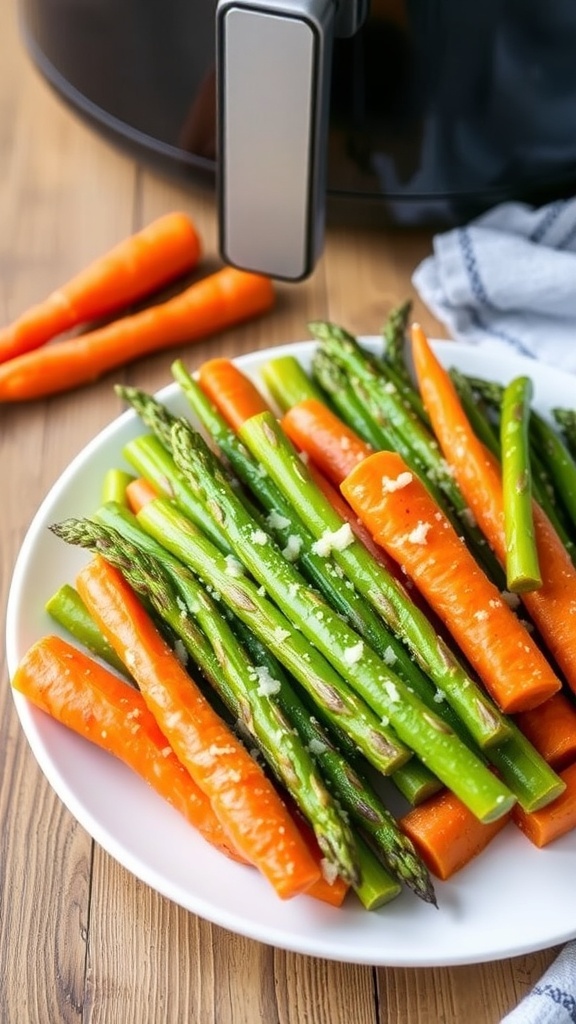 Crispy air-fried asparagus and carrots garnished with Parmesan cheese on a rustic wooden table.